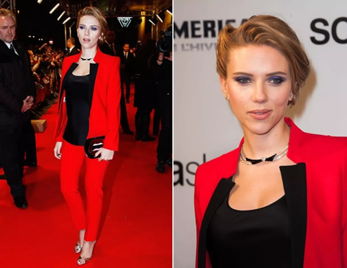 En la premiere de el Capitan America: The Winted Soldier en París optó por un look tuxedo en color rojo.