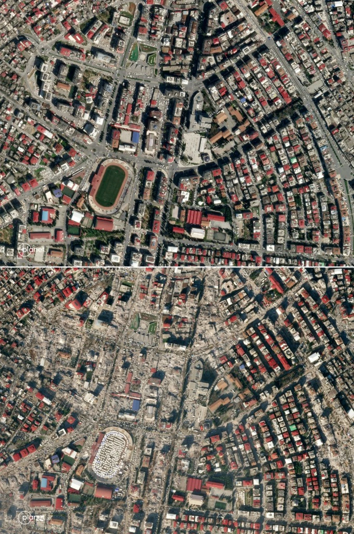 Esta combinación de imágenes creada el 10 de febrero de 2023 muestra imágenes de satélite, cortesía de Planet Labs, Inc. capturadas por SkySat, que muestran la ciudad de Kahramanmaras, sureste de Turquía, el 3 de abril de 2021 (arriba) y la ciudad de Kahramanmaras el 9 de febrero de 2023, (abajo) después de que un terremoto de magnitud 7,8 azotara el sureste de Turquía el 6 de febrero de 2023.