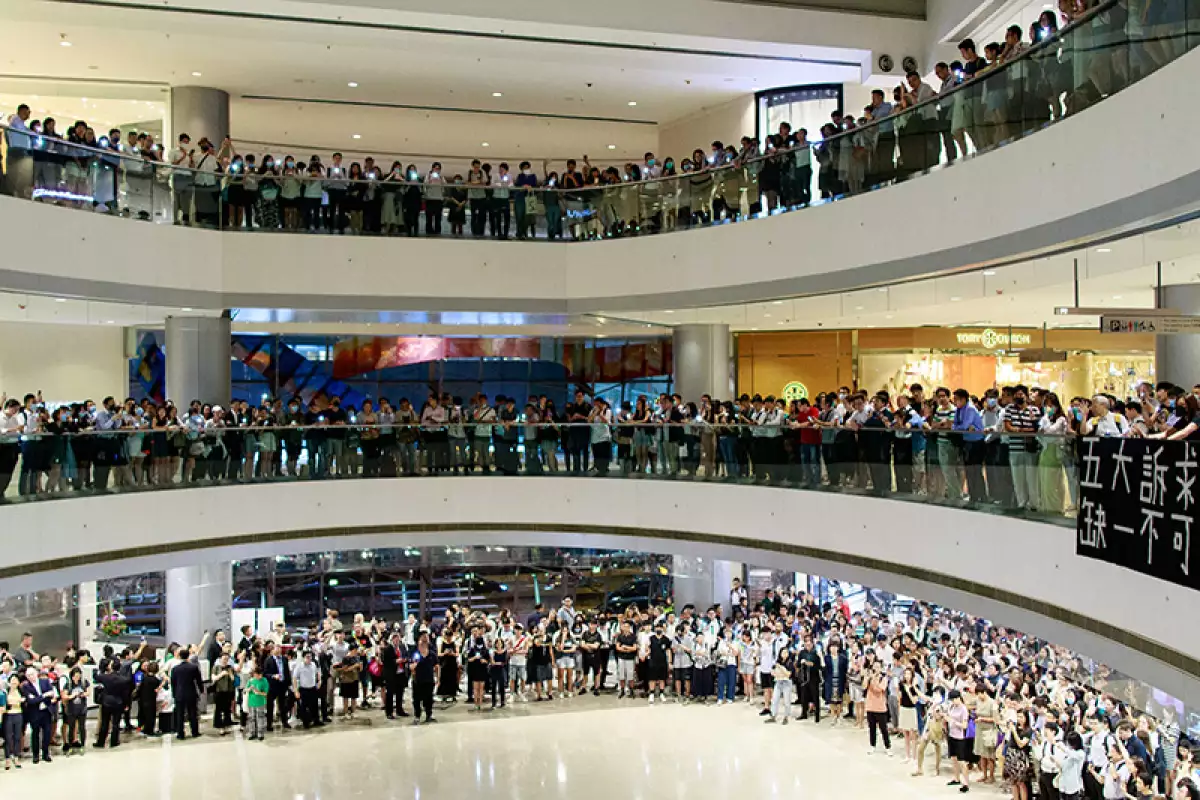 Protesters sing a new National Anthem at International Financial Center, Hong Kong, China - 12 Sep 2019