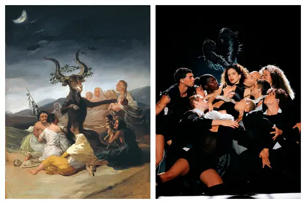 En esta imagen se compara la pintura 'El Aquelarre' de Goya con el momento en el que Rosalía interpreta Berghain en el Lux Tour. 
