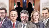 Los magistrados del Tribunal Electoral de izquierda a derecha, Reyes Rodríguez Mondragón, Felipe de la Mata Pizaña, Gilberto de G. Bátiz García, Claudia Valle Aguilasocho y Felipe Alfredo Fuentes Barrera con dos sombras atrás que representan las magistraturas vacías. 