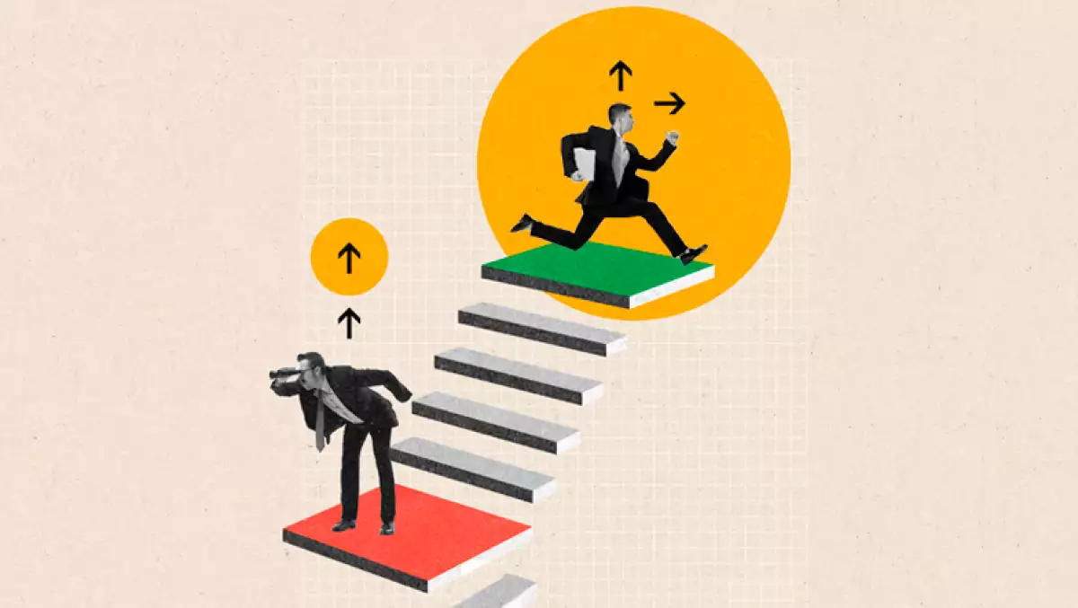 Collage de imágenes que hablan sobre burnout con dos hombres corriendo en distintas direcciones.