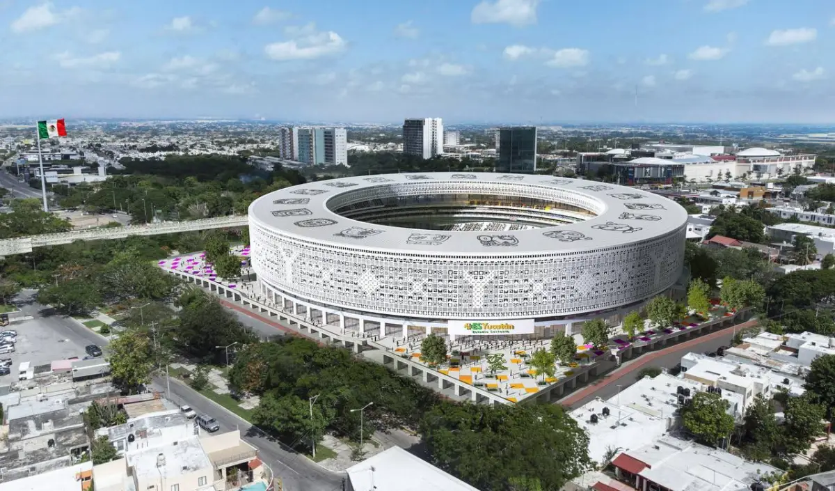 Render del Estadio Sostenible de Mérida, Yucatán. Cuenta con una estructura en forma de aro y es totalmente blanco. 