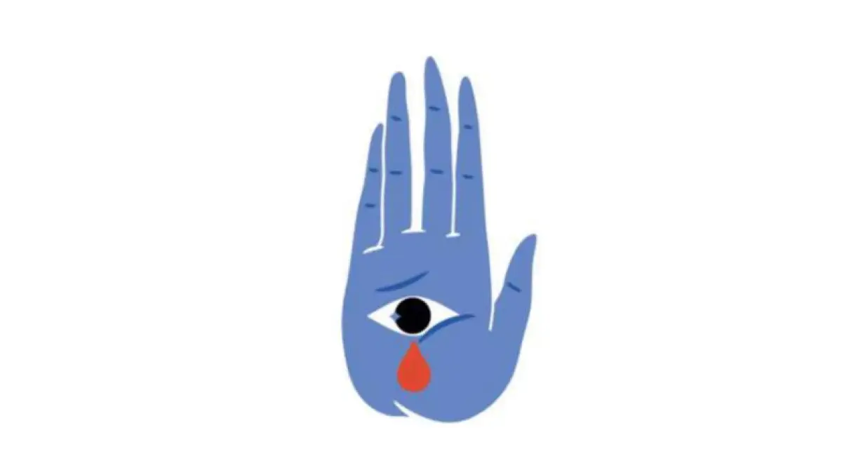 Ilustración de una mano con un ojo al centro y una lágrima de sangre.