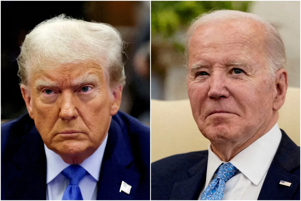 Imagen combinada que muestra al ex presidente estadounidense Donald Trump asistiendo al juicio por fraude civil de la Organización Trump, en la Corte Suprema del Estado de Nueva York en el distrito de Manhattan de la ciudad de Nueva York, EE.UU., 6 de noviembre de 2023, y al presidente estadounidense Joe Biden participando en una reunión con el Primer Ministro de Italia Giorgia Meloni en la Oficina Oval de la Casa Blanca en Washington, EE.UU., 1 de marzo de 2024.