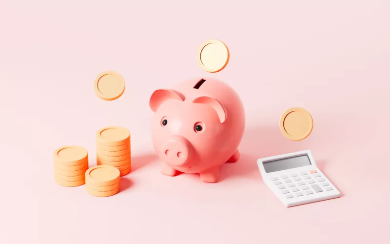 A piggy bank and calculator in the pink background, 3d rendering.