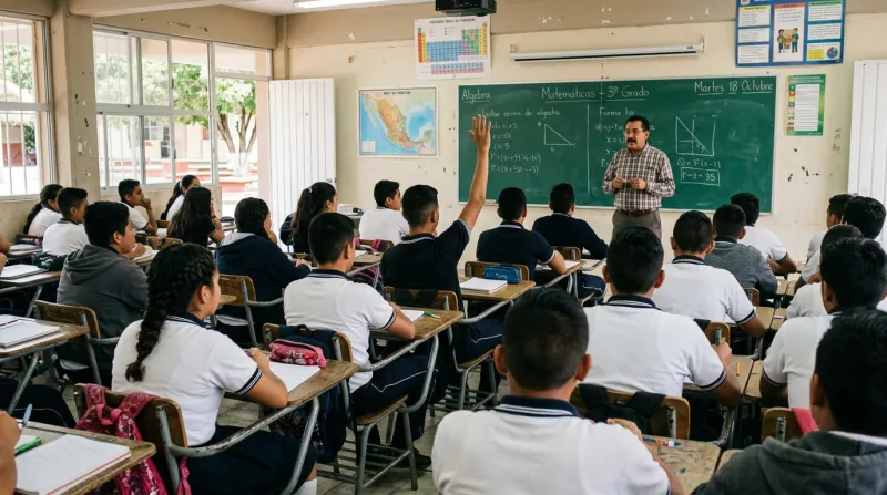 Maestro imparte clases en un salón de secundaria en México.