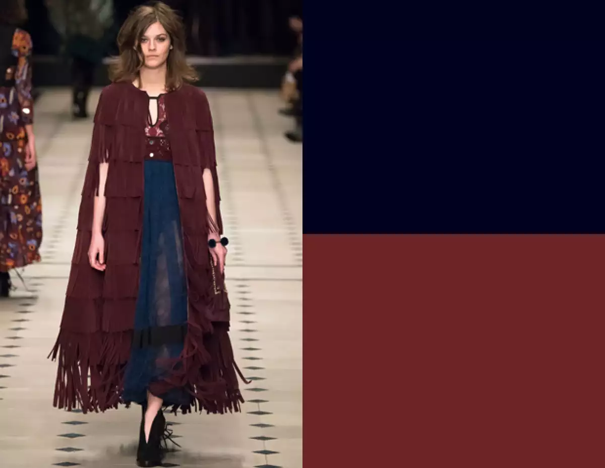 Burberry en su afán de crear looks bohemios, por lo que el color borgoña era importante en su colección.