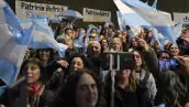 Supporters of Argentine presidential pre-candidate of Juntos por el Cambio party Patricia Bullrich (out of frame) listen to her speech during a closing rally of her campaign for the August 13 primary elections, in Buenos Aires on August 7, 2023. Argentina holds primary elections on August 13 and the first round of the presidential vote on October 22.