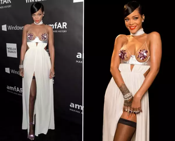 Rihanna dejó muy poco a la imaginación con un vestido saturado de elementos sexys: escote, transparencias, detalles cut out y abertura en la pierna.