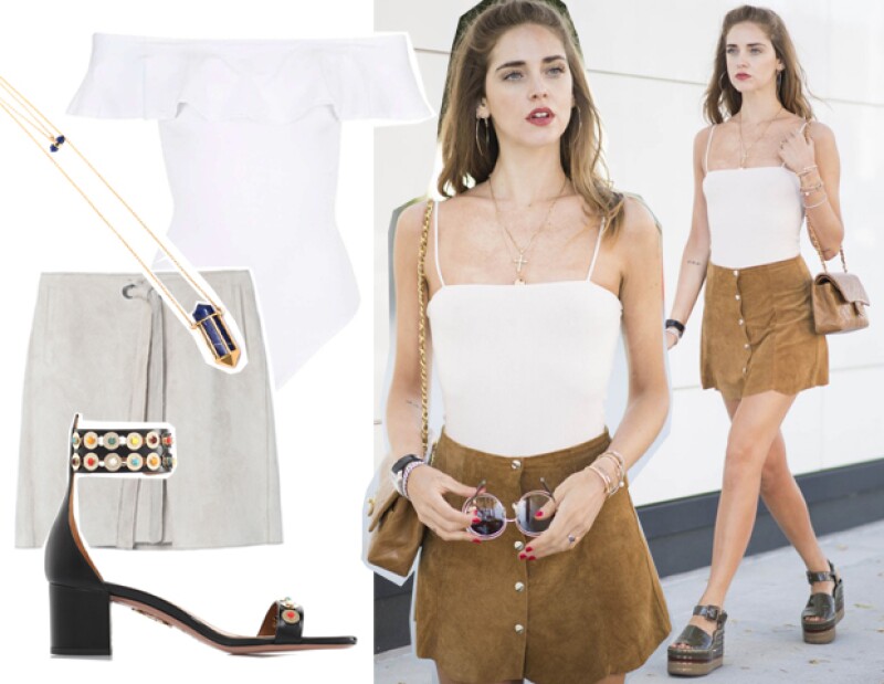 Al elegir un top blanco, le inyectas mucha frescura a tu look. Este bodysuit off-shoulder Topshop puede ser una gran opción, Top:Topshop. Falda: Adolfo Domínguez. Collar doble: Volu. Zapatos: Aquazzura.