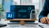 Representación de una balanza con inteligencia artificial y ciberseguridad frente a una computadora con gráficos de datos.