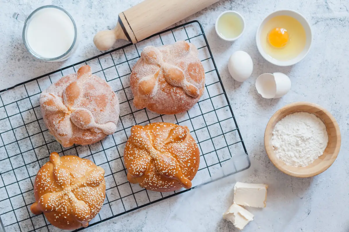 Pan de Muerto, ingredients for Mexican bread recipe traditional for day of the Dead in Mexico