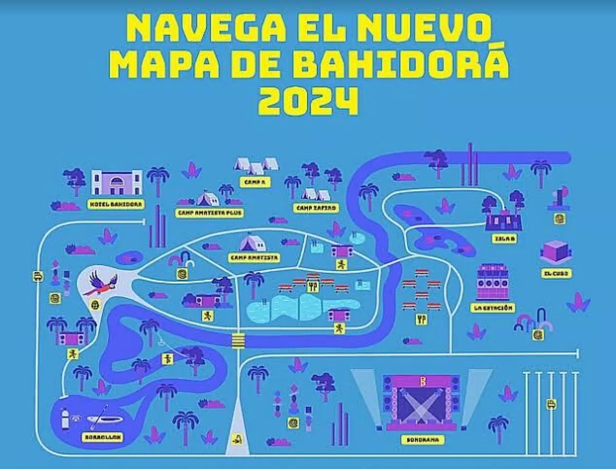 Mapa de la distribución de escenarios y campamentos de Bahidorá 2024.