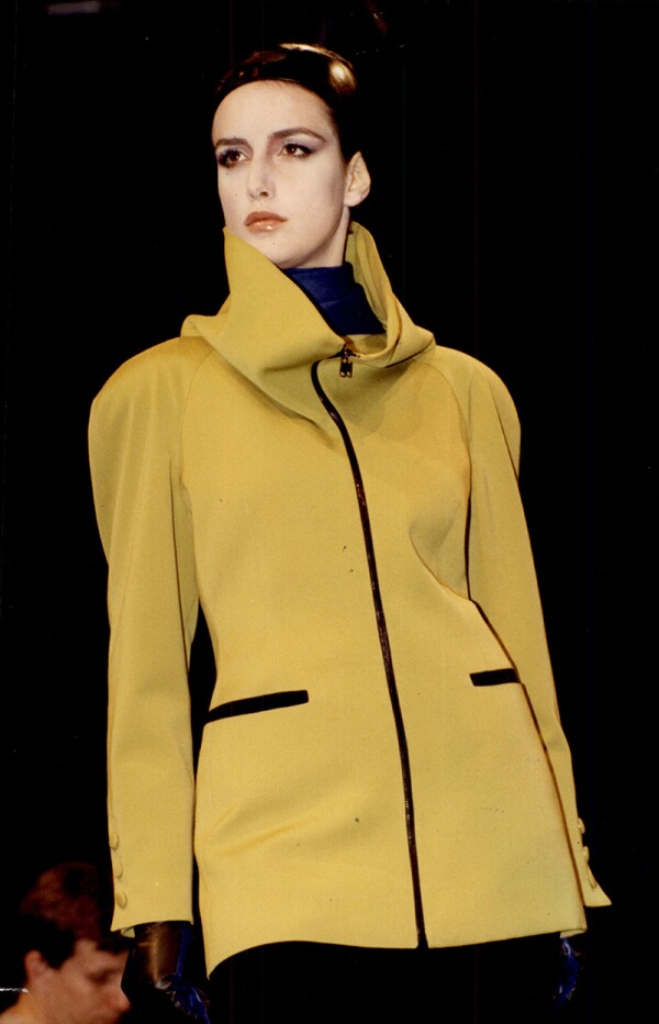 Model Wearing Outfit From Claude Montana At Fashion Show In Paris.