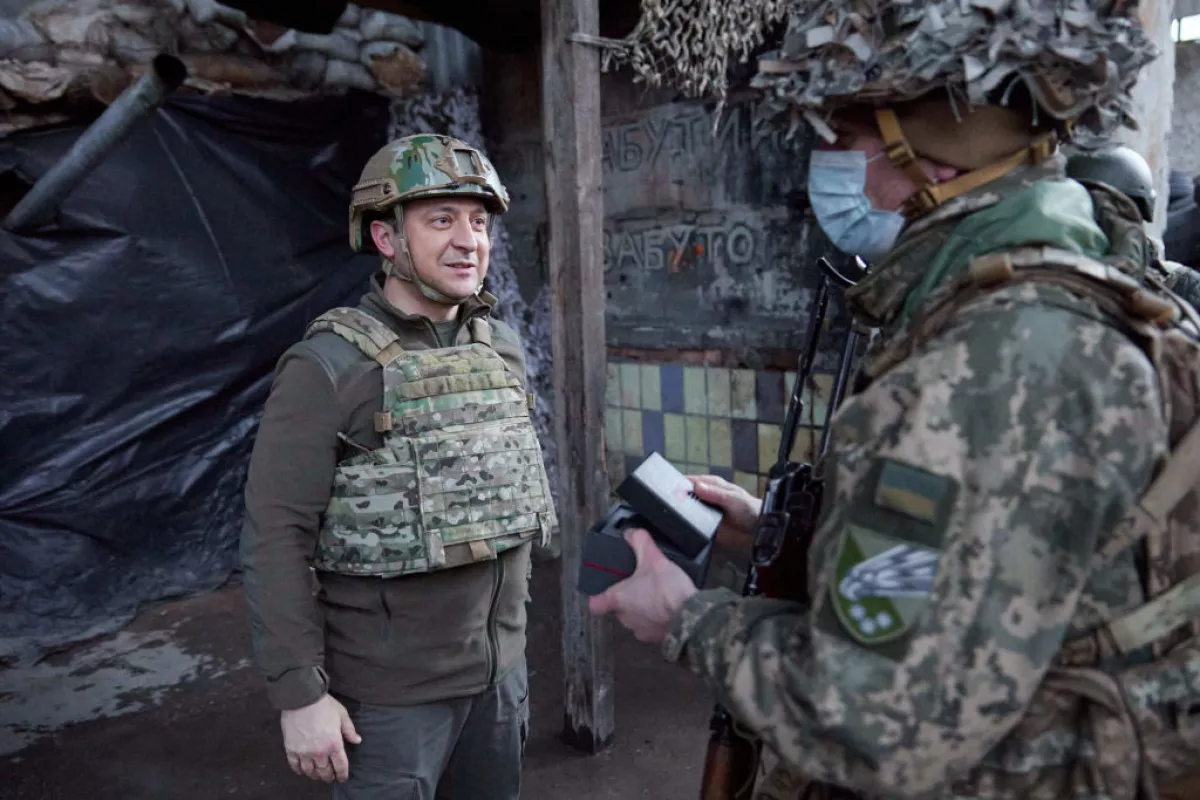 Ukrainian President Volodymyr Zelensky visits border troops in Donetsk