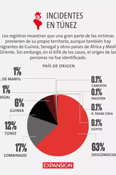 Gráfica de pastel con los porcentajes de los países de origen de las personas que murieron o desaparecieron en Túnez, se desconoce el origen 63%, el 17% tenía nacionalidad múltiple, y el siguiente 12% eran tunecios. El porcentaje restante abarca Guinea, Senegal, Costa de Marfil, Camerún, Pakistán, Siria y Egipto. 