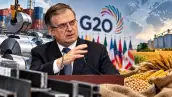 Composición editorial que muestra a Marcelo Ebrard, secretario de Economía, acompañado por elementos relacionados con la industria siderúrgica, la producción agrícola y el comercio internacional, en el contexto de su participación en la reunión ministerial del G20.