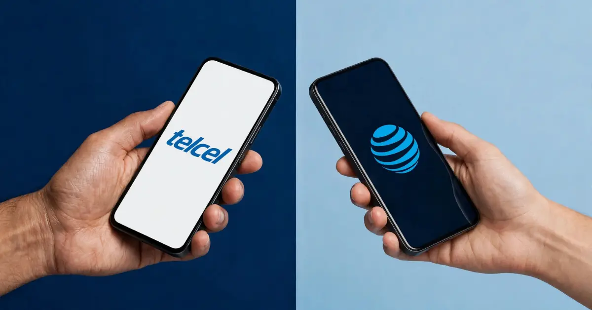 Sobre un fondo azul, dos manos sosteniendo cada una un celular con la pantalla encendida mostrando los logos de las compañías Telcel y AT&T.