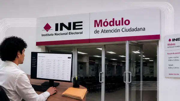 Joven de cabello chino y con camisa blanca frente a una computadora y a un módulo del INE con ventanales de cristal.png