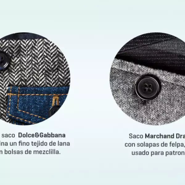 La tendencia son los sacos con doble solapa, una de las cuales está confeccionada en tela ruda, normalmente utilizada para el patronaje. Otra propuesta son los sacos en un estampado conservador, como el Herringbone con detalles en mezclilla.