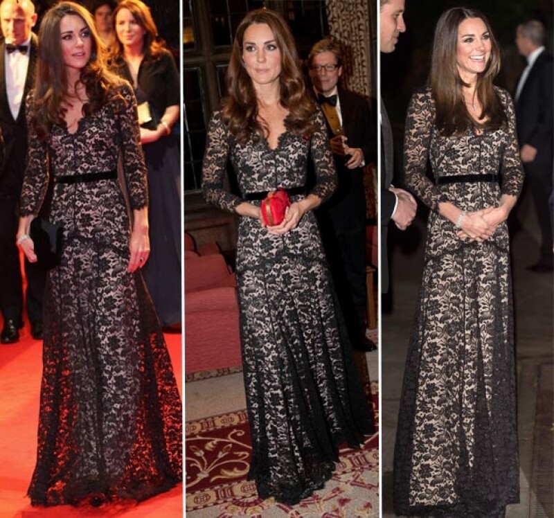 Kate Middleton ha lucido este diseño en tres ocasiones. La imagen de la izquierda corresponde a enero de 2012 durante la premiere de War Horse, al centro la vemos durante el aniversario de la Universidad de St Andrews en noviembre del mismo año y a la derecha en el Museo de Historia Natural.