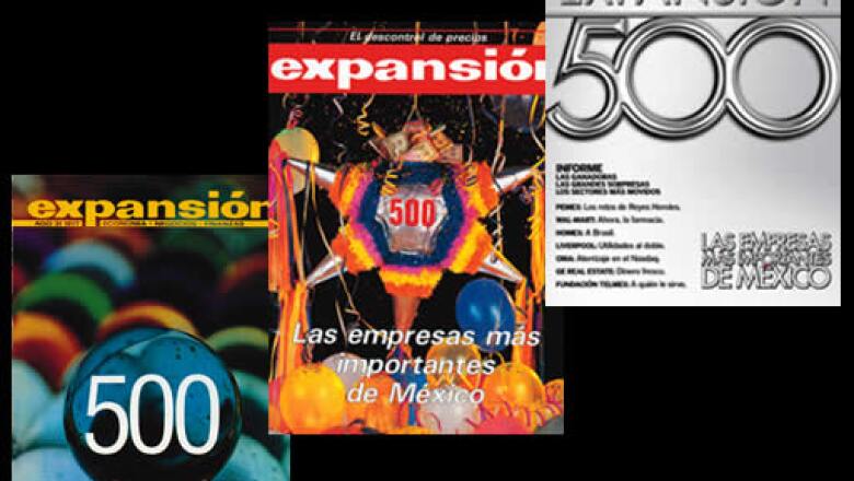 La primera encuesta de empresas realizada por esta revista se publicó en 1975. Ese año sólo hubo 350 participantes. El año siguiente fueron 400 y, por primera vez, en 1977 se llamaron las 500 empresas más importantes de México (izq).