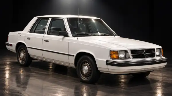 Dodge Aries blanco de la década de 1980, exhibido en una sala oscura bajo una luz cenital que ilumina su carrocería y se refleja sobre el piso brillante.
