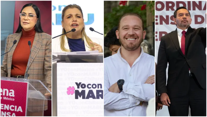 En la imagen, la gobernadora de Chihuahua, Marú Campos, la presidenta de Morena, Ariadna Montiel, el exalcalde de BJ, Santiago Taboada y el coordinador estatal de Morena, Cruz Pérez.