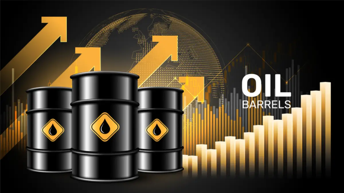 barriles de petroleo con gráficas financieras