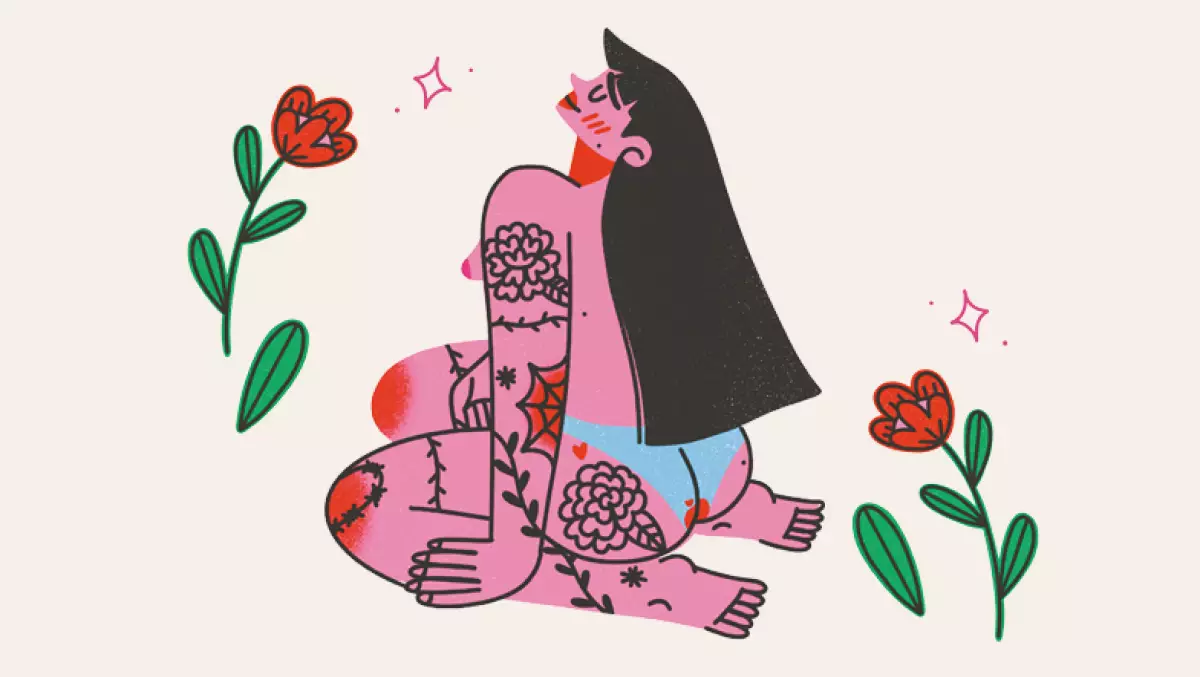 Ilustración de Paulyna Ardilla de una mujer de cabello largo sentada sobre sus rodillas y flore alrededor