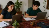 Dós jóvenes, un hombre y una mujer sentados en una mesa frente a dos computadoras.jpg