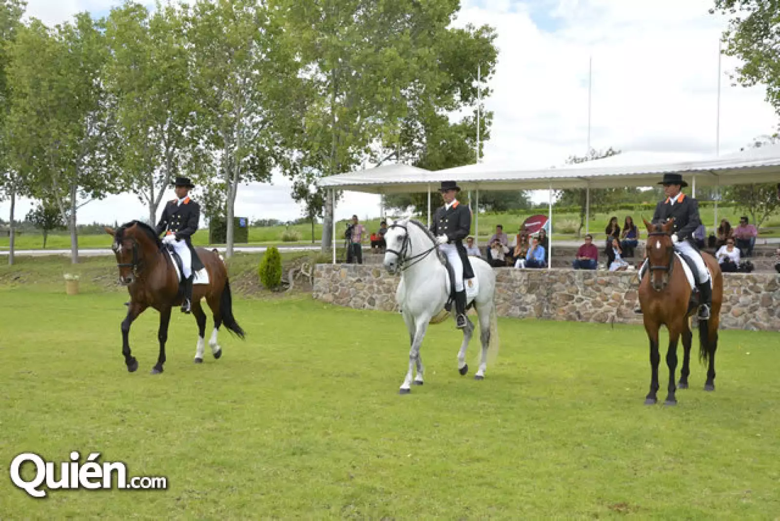 Tres magníficos ejemplares de Caballos Lucitanos: Alquimista,montado por Santiago Gómez,Samaritano que dirige Franco Cores y Alfarero que lleva. Abdel Cayetano