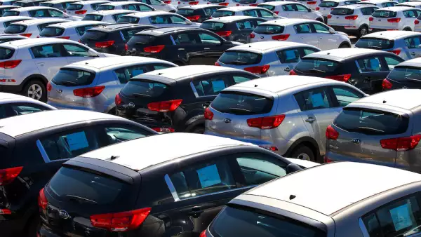 Rows of new cars covered in protective white sheet