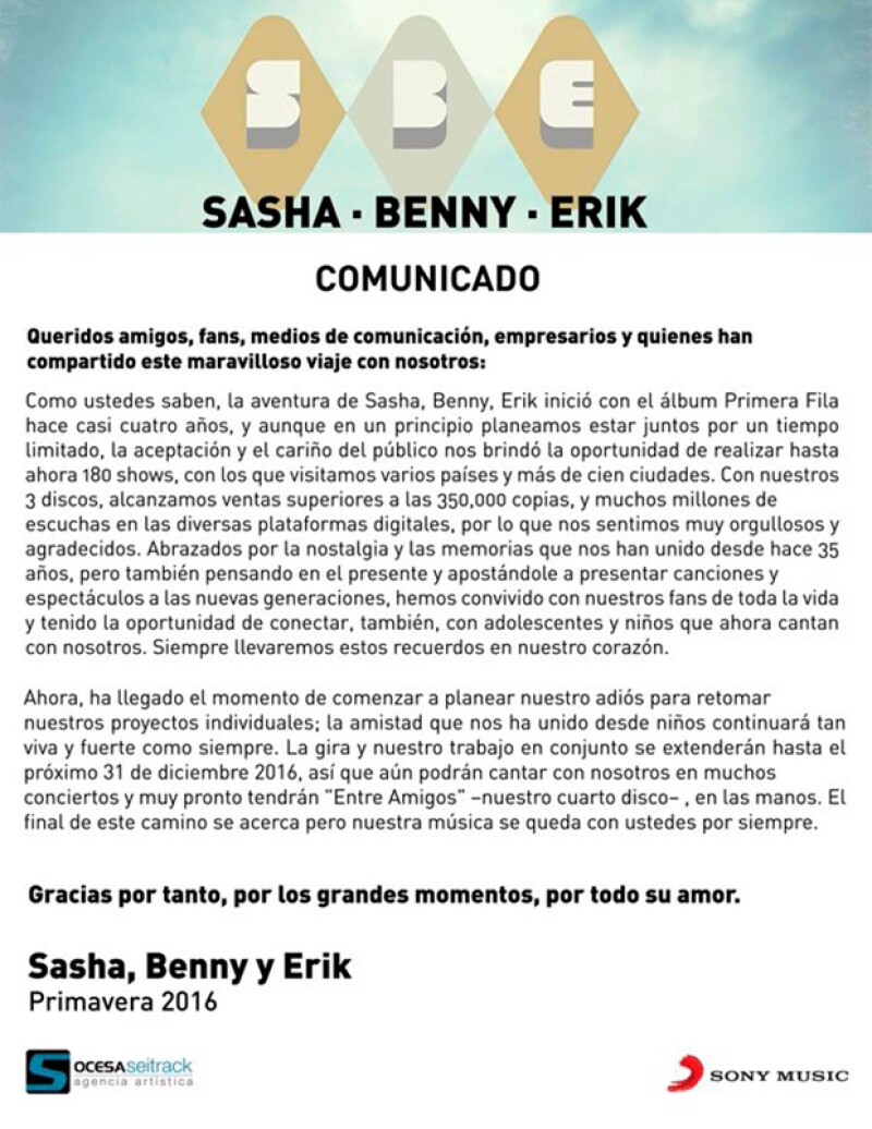 La banda publicó este comunicado con el que se hace oficial su separación.