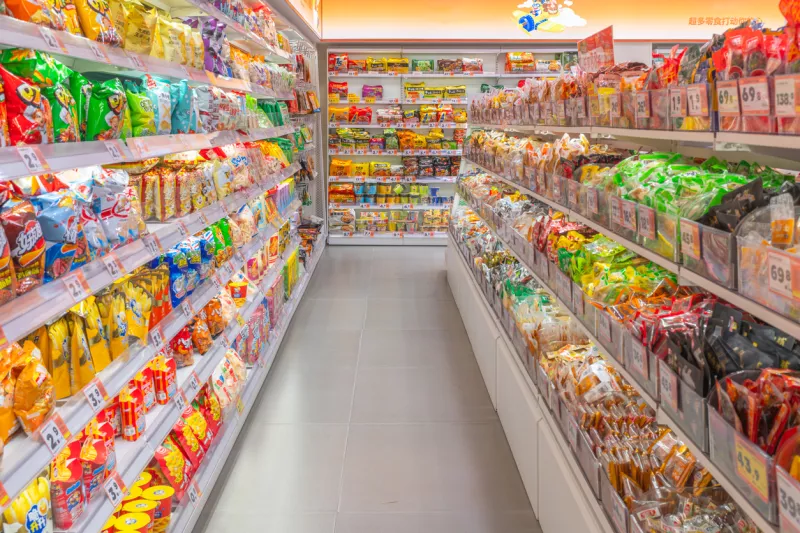 Well-stocked snack aisle in a bright modern supermarket
