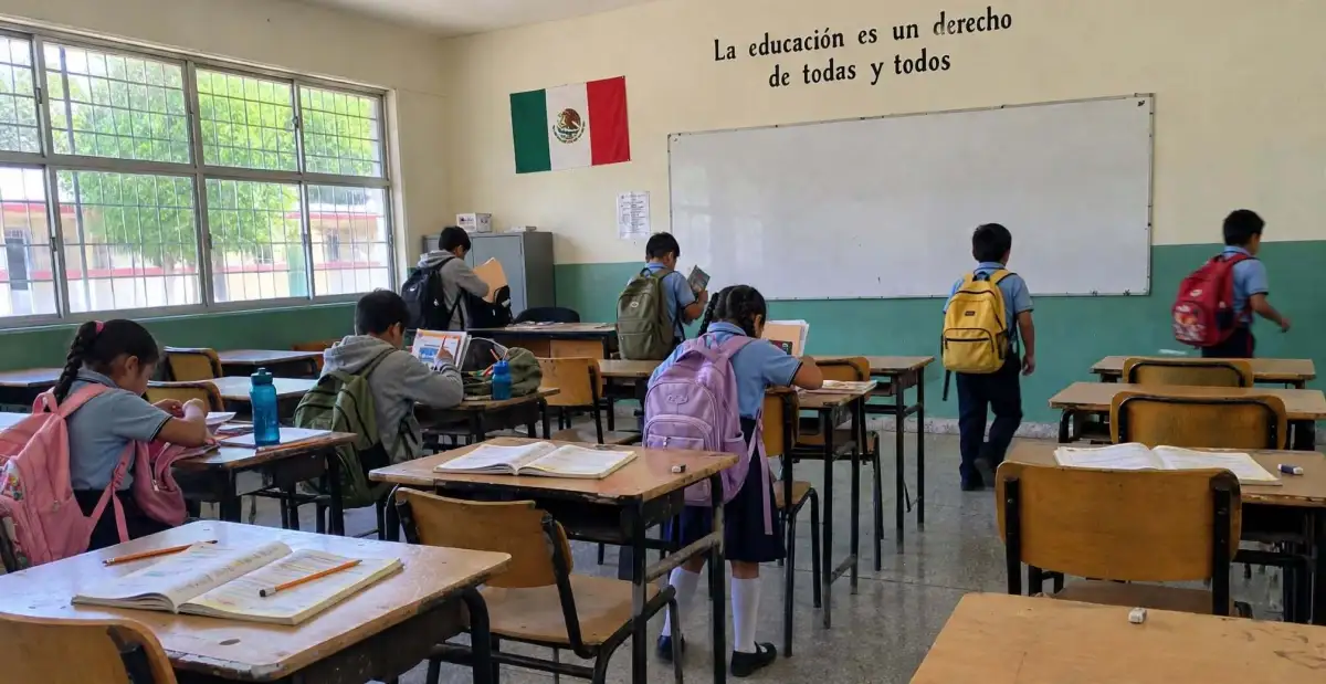 Bancas de color café enfrente de un pizarrón en blanco en un salón de clases con siete alumnos con mochilas en la espalda.jpg