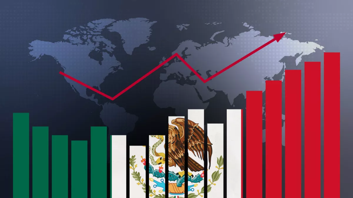 Mexico bar chart graph with ups and downs, increasing values, concept of economic recovery and business improving, businesses reopen, politics conflicts, war concept with flag