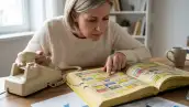 Mujer buscando contacto en la Sección Amarilla. Antes era muy famosa por sus grandes libros impresos de páginas amarillas que se repartían en los hogares y oficinas con teléfonos y direcciones.