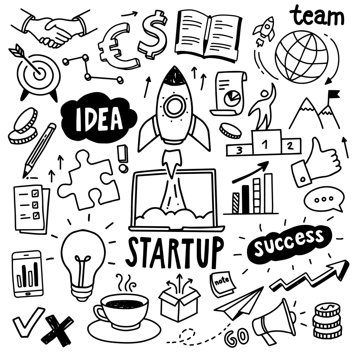 Un cohete despegando en medio de ideas de startups