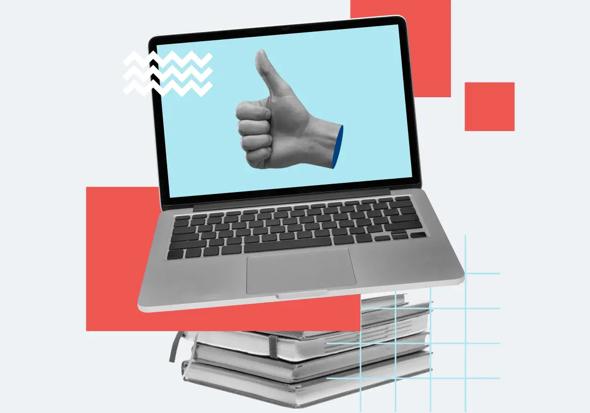 foto collage de una laptop abierta sobre una pila de libros y un pulgar arriba en la pantalla.
