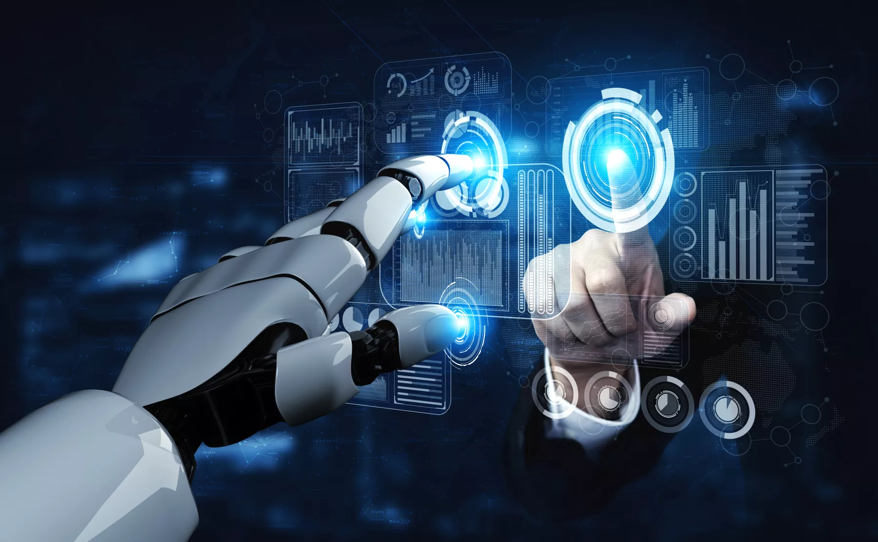Inteligencia artificial tocando la mano de un humano