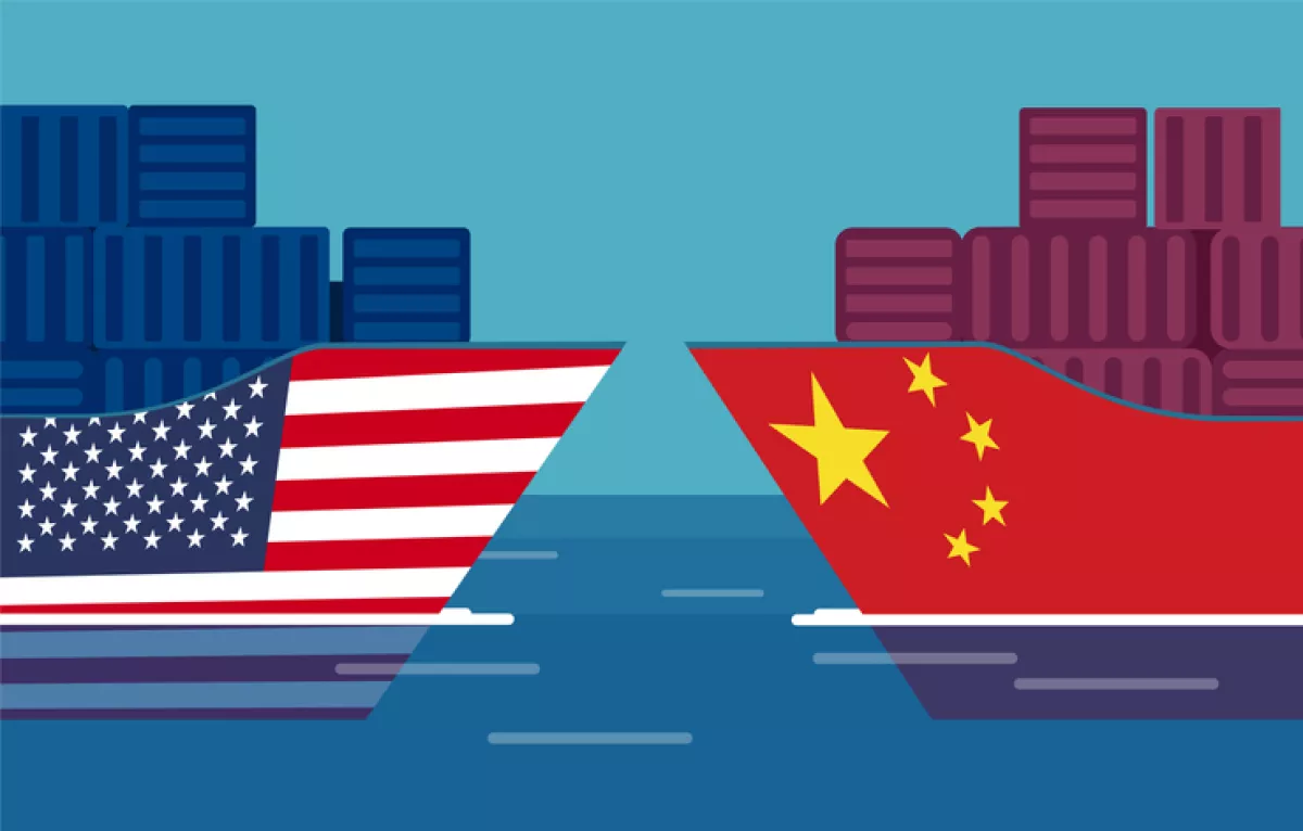 China and United States trade war concept. Vector of two cargo ships.