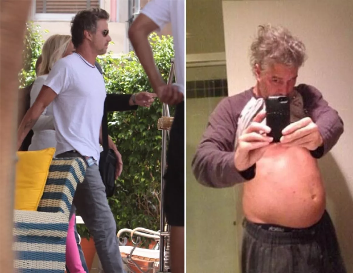 Jason caminando con Britney en 2012 en Miami, donde a pesar de traer una playera puesta, se veía delgado. En la segunda imagen es como luce actualmente, muy descuidado.