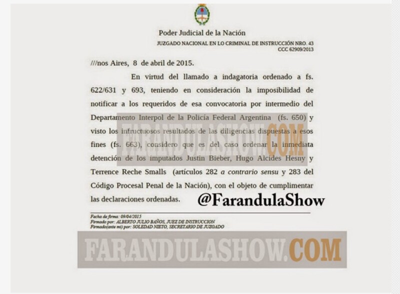 Esta es la orden de detención para Justin y sus guardaespaldas que el sitio publicó.