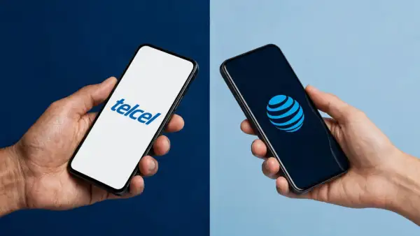 Sobre un fondo azul, dos manos sosteniendo cada una un celular con la pantalla encendida mostrando los logos de las compañías Telcel y AT&T.