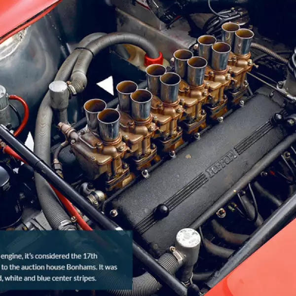 5.	El auto tiene un motor de 3 litros V12 y es considerado como uno de los 17 GTO verdaderos, de acuerdo con las casas de subastas. Originalmente el auto era gris con rojo con rayas azules y blancas al centro.