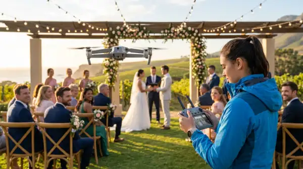 Mujer prepara la configuración de su dron para volarlo durante una boda y captar diferentes perspectivas del evento.