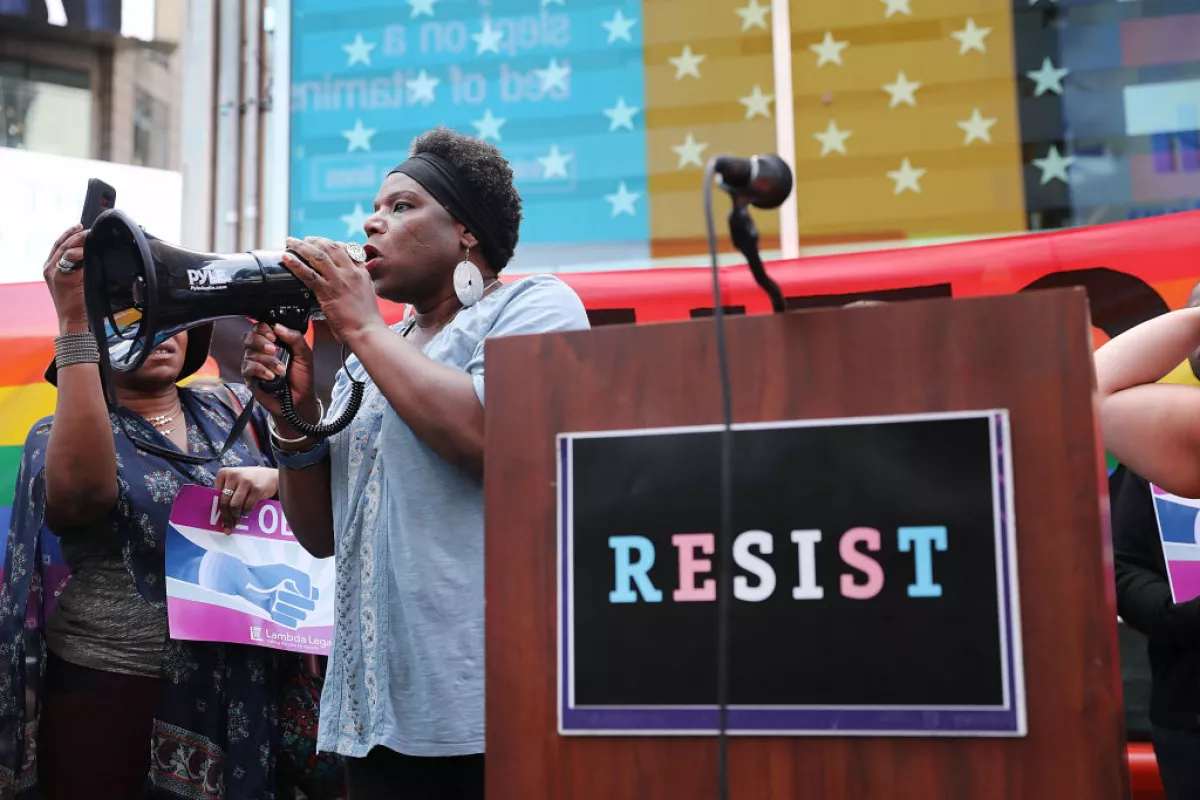 Anti-Trump Protesters Demonstrate In Times Square Against Trump Announcement Of Banning LGBT Service Members