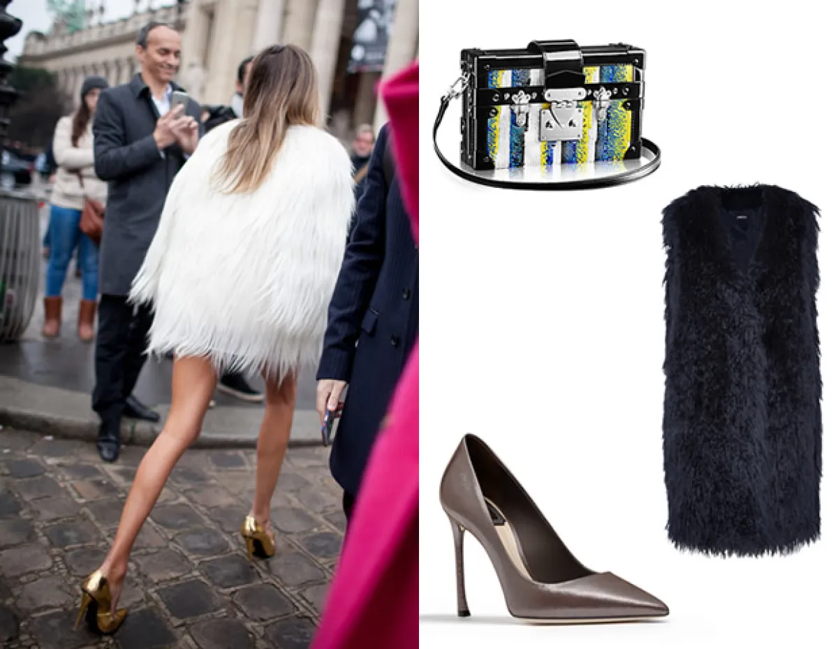 Dale un giro a tu Little Black Dress con un saco o chaleco de fur y accesorios divertidos. (Créditos: Chaleco DKNY, Zapatos Dioressence Pumps de Dior y  Petite Malle con lentejuelas de Louis Vuitton).